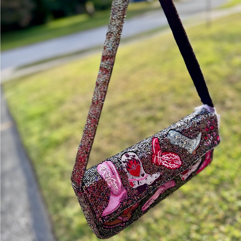Viral Cowboy Boot Beaded Shoulder Bag Black Western Rodeo Purse Y2K - Picture 6 of 12